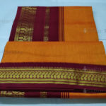 Mango color Kalyani Cotton Readymade Madisar with Maroon Pallu