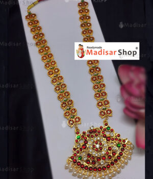 Premium Gold Finish Kemp Haram with Red Green White Stones
