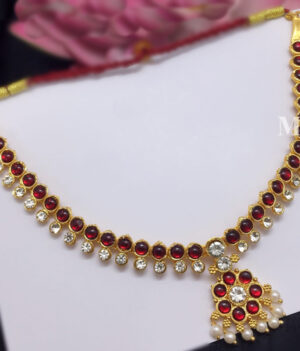 Gold Finish Kemp Necklace - Red and White Stones