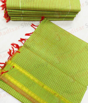 Light Green Kalyani Cotton Readymade Madisar with Red Pallu