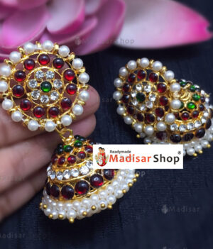 Premium Gold Kemp Jhumki - Pearl White & Red Stones