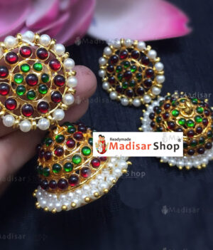 Premium Gold Kemp Jhumki - White & Red Stones